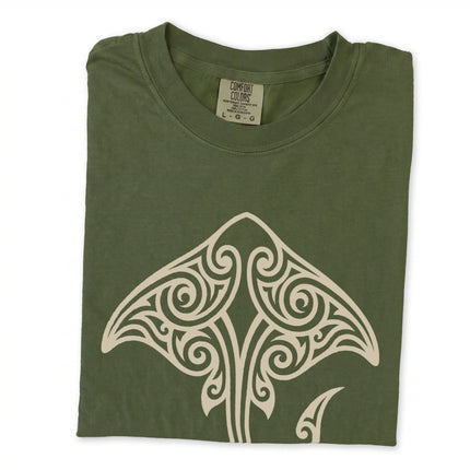Tribal stingray t-shirt with Polynesian and Maori ocean life graphic design.