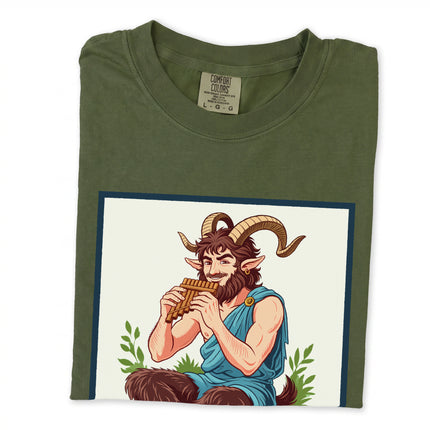 Greek God Pan satyr t-shirt graphic featuring mythological flute art.