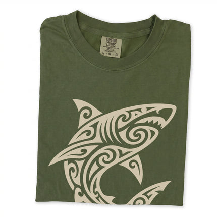 Tribal shark graphic t-shirt featuring Polynesian tattoo style artwork on a comfortable tee.