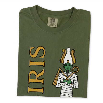 Osiris Egyptian god t-shirt graphic featuring ancient mythology and detailed mummy artwork.