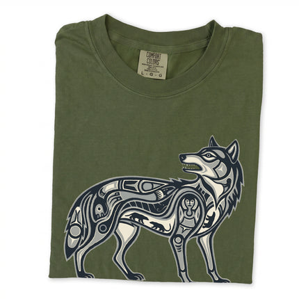 Tribal wolf symbol t-shirt featuring an Inuit-inspired animal graphic print design.