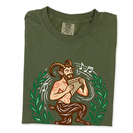 Greek god Pan mythology t-shirt featuring a pan flute satyr design.