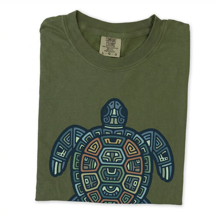 Geometric Mayan tribal green sea turtle t-shirt graphic print featuring geometric patterns.