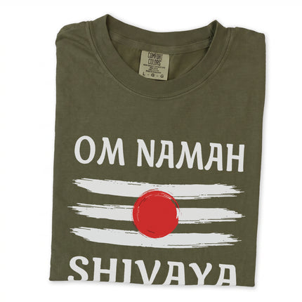 Om Namah Shivaya Tripundra t-shirt graphic featuring spiritual Lord Shiva mantra and sacred symbols.