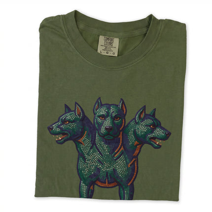 Mosaic graphic of Cerberus, the three-headed dog from Greek mythology on a t-shirt.