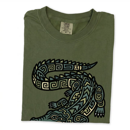 Unisex tee with tribal Mayan crocodile graphic print.