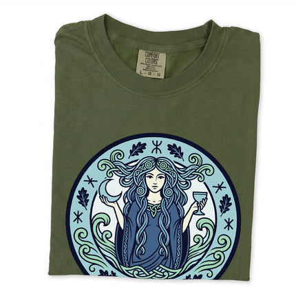 Celtic mythology t-shirt featuring Nimue, the Lady of the Lake water sorceress graphic design print.