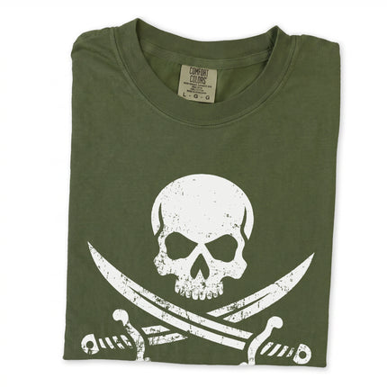 Jolly Roger pirate skull graphic tee featuring buccaneer iconography.