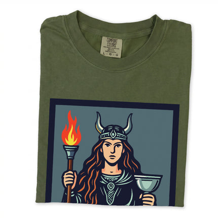 Norse mythology t-shirt featuring Gullveig, the horned goddess, with a torch and chalice design.