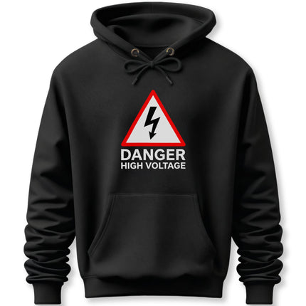 Black hoodie featuring a red high voltage warning sign and lightning bolt graphic.