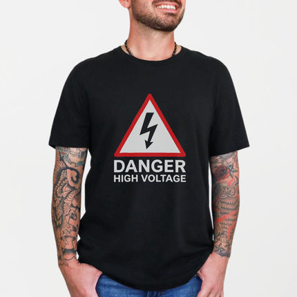 Danger High Voltage Warning Sign T-Shirt | Electrician Lightning Bolt Tee