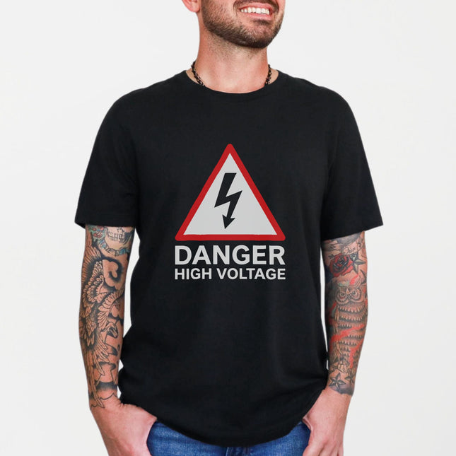 Danger High Voltage Warning Sign T-Shirt | Electrician Lightning Bolt Tee