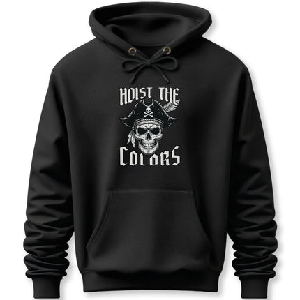 Black pullover hoodie featuring a pirate skull graphic and "Hoist The Colors" text.