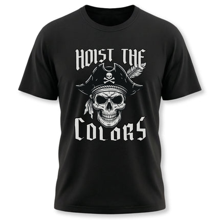 Nautical pirate skull graphic tee featuring "Hoist The Colors" text.