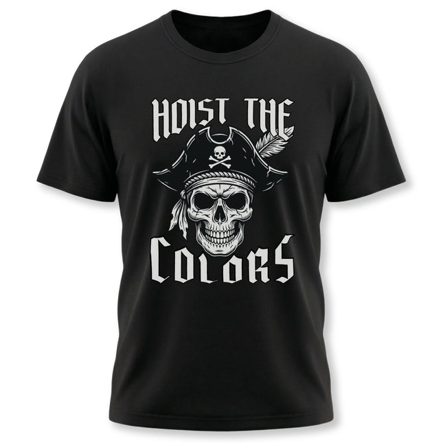 Nautical pirate skull graphic tee featuring "Hoist The Colors" text.