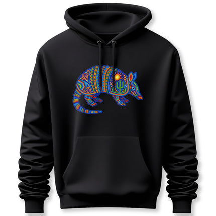 Colorful Huichol Armadillo Hoodie | Mexican Folk Art Tribal Sun Cactus Pullover Hoodie