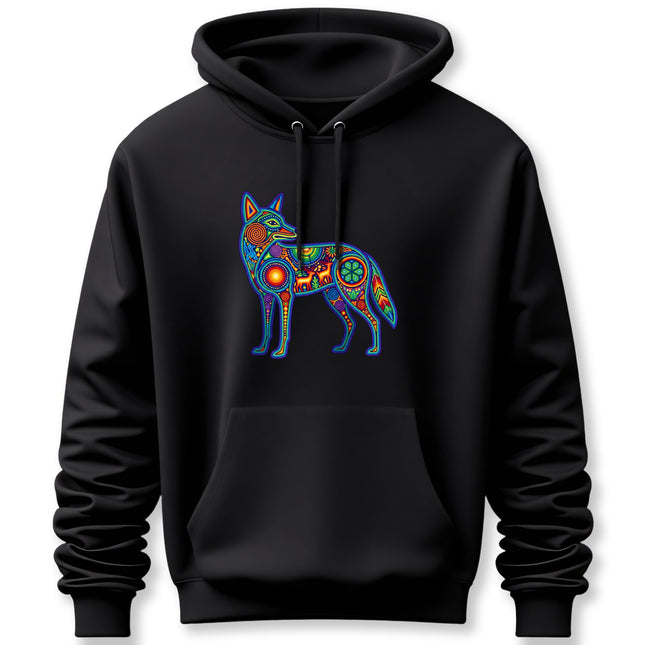Huichol Coyote Hoodie | Colorful Indigenous Mexican Folk Art Pullover Hoodie