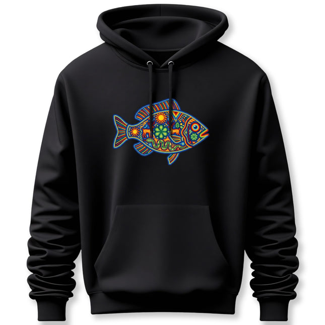 Huichol Fish Hoodie | Colorful Mexican Folk Art Deer Sun Pullover Hoodie