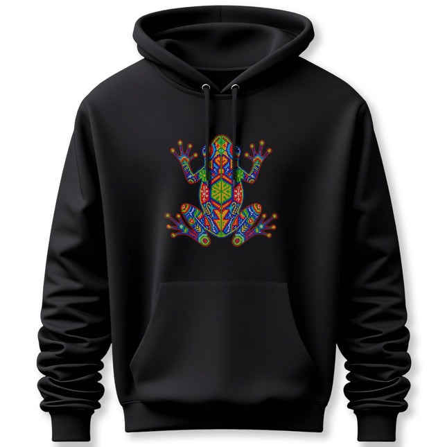 Huichol Frog Hoodie | Vibrant Mexican Indigenous Art Pullover Hoodie