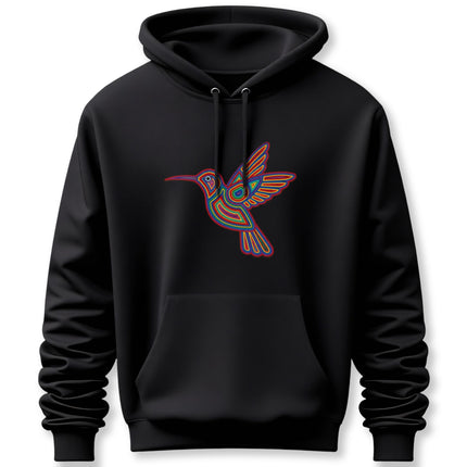 Huichol Hummingbird Art Hoodie | Colorful Indigenous Bird Symbol Pullover Hoodie