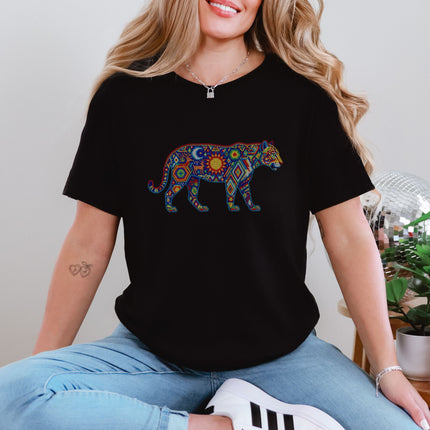 Vibrant Huichol Jaguar T-Shirt | Mexican Folk Art Sun Moon Tee Shirt Design