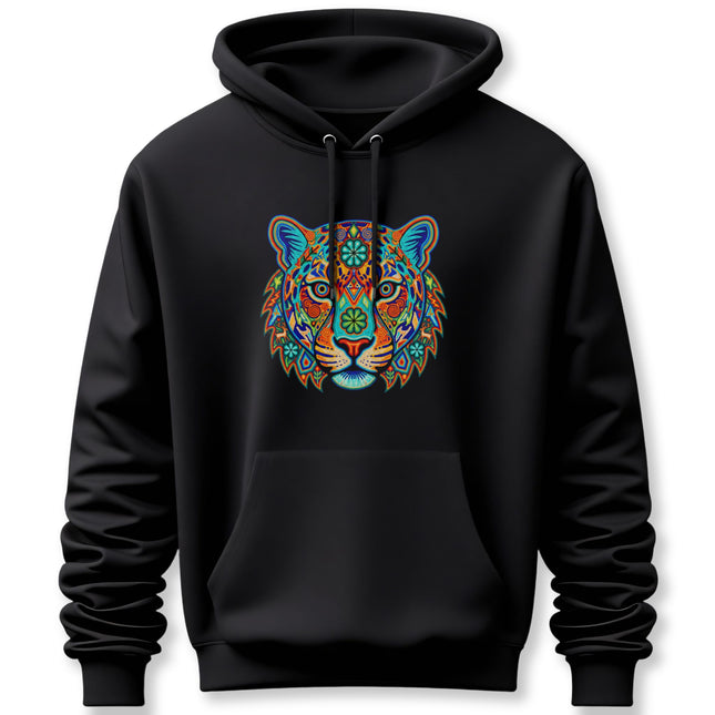 Huichol Jaguar Hoodie | Vibrant Mexican Folk Art Animal Pullover Hoodie