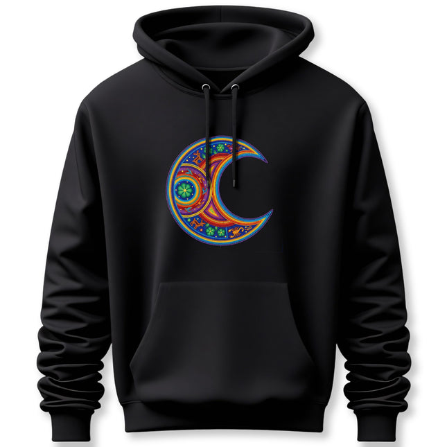 Huichol Moon Hoodie | Colorful Indigenous Art Crescent Pullover Hoodie