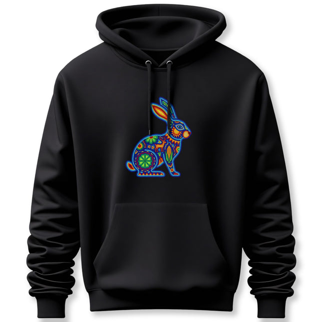 Colorful Huichol Rabbit Hoodie | Mexican Folk Art Inspired Pullover Hoodie
