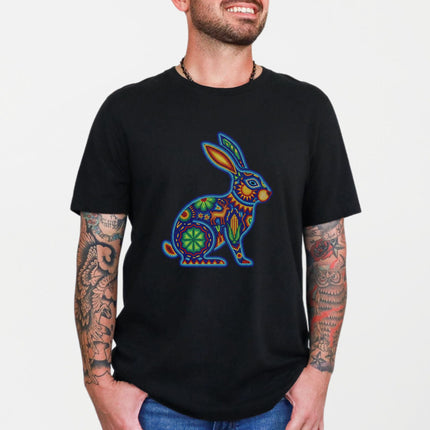 Huichol Rabbit T-Shirt | Vibrant Mexican Folk Art Animal Graphic Tee Shirt