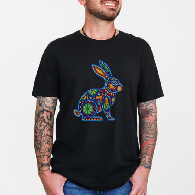 Huichol Rabbit T-Shirt | Vibrant Mexican Folk Art Animal Graphic Tee Shirt