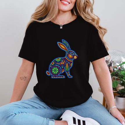Huichol Rabbit T-Shirt | Vibrant Mexican Folk Art Animal Graphic Tee Shirt