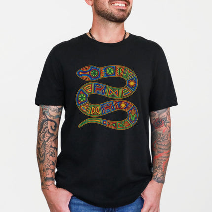 Huichol Snake Art T-Shirt | Vibrant Indigenous Serpent Graphic Tee Shirt