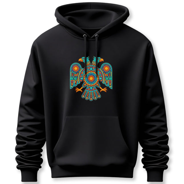 Huichol Two Headed Eagle Hoodie | Vibrant Mexican Folk Art Pullover Hoodie