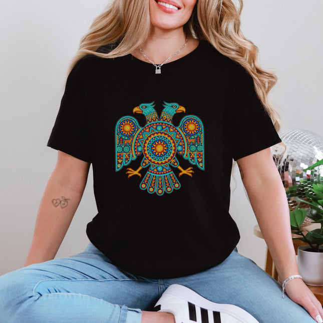 Huichol Two Headed Eagle T-Shirt | Vibrant Mexican Folk Art Graphic Tee