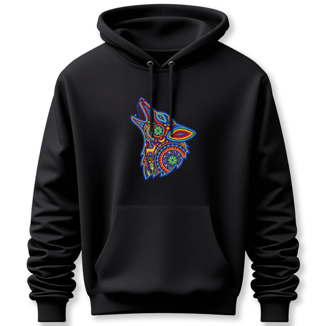 Huichol Wolf Hoodie | Vibrant Mexican Folk Art Howling Unisex Pullover Hoodie