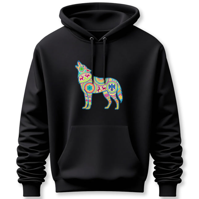 Vibrant Huichol Wolf Graphic Hoodie | Mexican Folk Art Pattern Pullover Hoodie