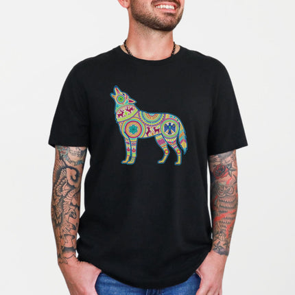 Huichol Wolf Standing T-Shirt | Vibrant Howling Folk Art Graphic Tee Shirt