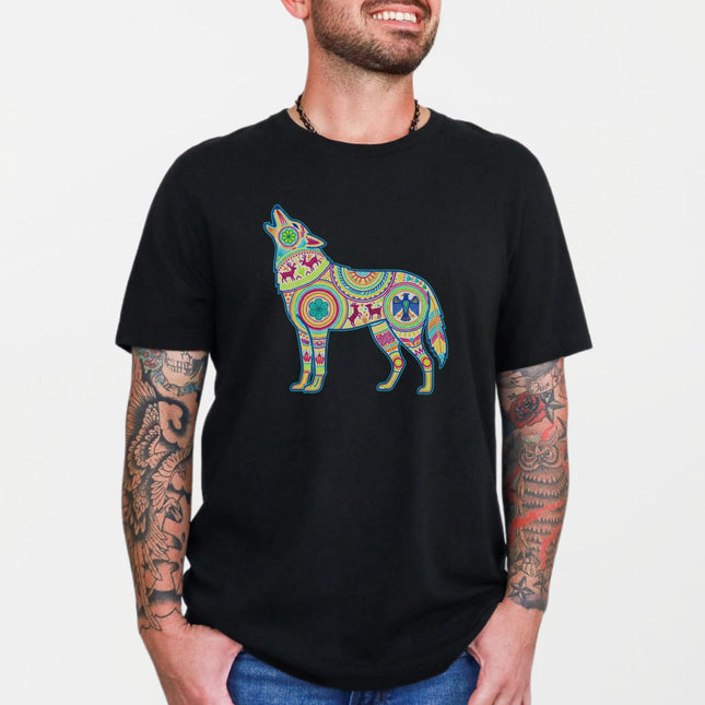 Huichol Wolf Standing T-Shirt | Vibrant Howling Folk Art Graphic Tee Shirt
