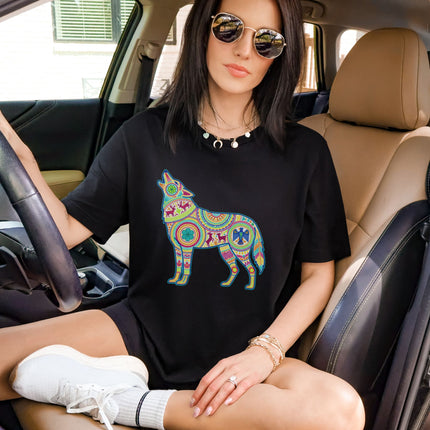 Huichol Wolf Standing T-Shirt | Vibrant Howling Folk Art Graphic Tee Shirt