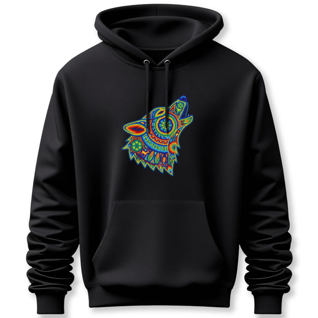 Huichol Wolf Howling Hoodie | Colorful Tribal Art Mexican Folk Pullover Hoodie