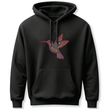 Colorful Huichol hummingbird art graphic on a black unisex pullover hoodie.