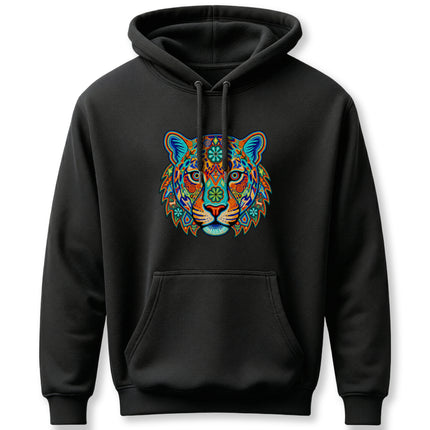 Vibrant Huichol jaguar art graphic on a black pullover hoodie. Mexican folk style indigenous print.