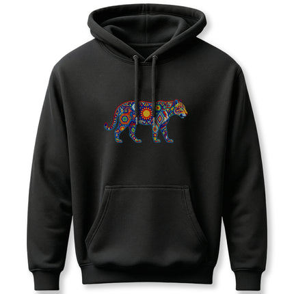 Indigenous Huichol art jaguar print on black unisex pullover hoodie.