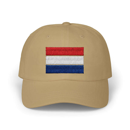 Tan baseball cap with embroidered Dutch flag tricolor stripes.