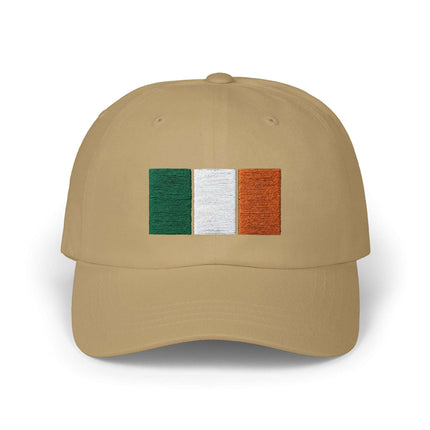 Embroidered Irish tricolor flag baseball cap on a tan background.