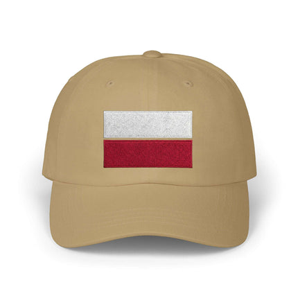 Embroidered Polish flag baseball cap in tan color.