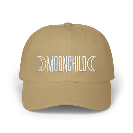 Tan embroidered baseball cap featuring the Moonchild celestial design and crescent moon.