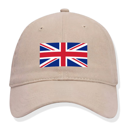 British Union Jack flag baseball cap in beige. UK pride streetwear accessory.