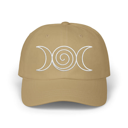 Wiccan goddess triple moon symbol embroidered on a tan baseball cap.