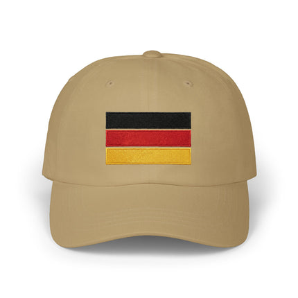 Embroidered German flag baseball cap in tan, featuring the black, red, and gold national stripes.